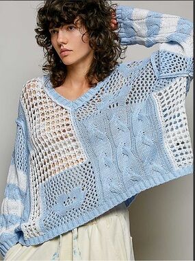 POL Blue and White Open-Knit V-Neck Sweater